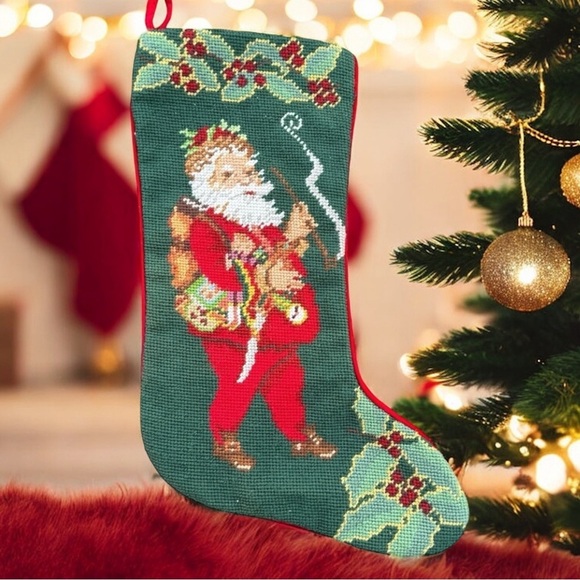 Needlepoint Stocking Christmas L Santa Smoking Imperial Elegance Peking Holly 19 - Picture 11 of 12
